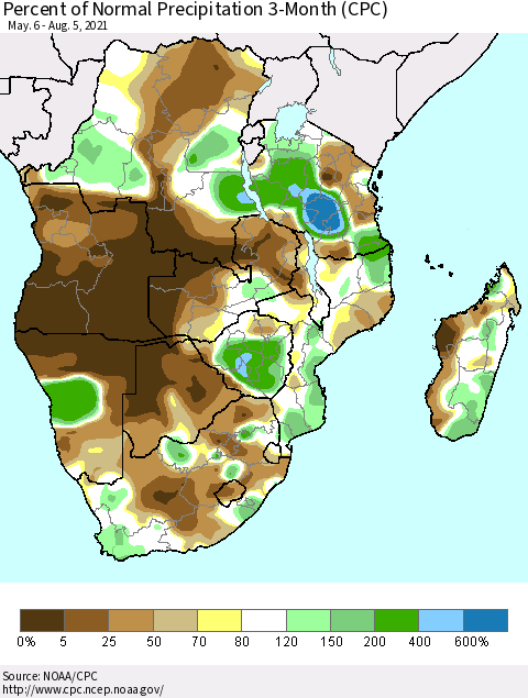 Southern Africa Percent of Normal Precipitation 3-Month (CPC) Thematic Map For 5/6/2021 - 8/5/2021