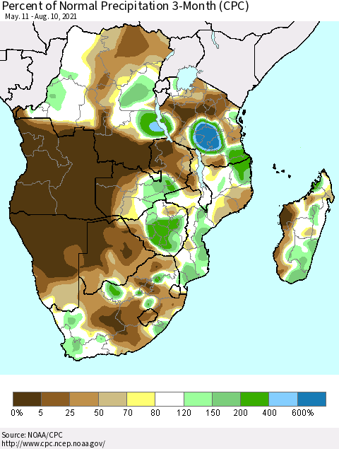Southern Africa Percent of Normal Precipitation 3-Month (CPC) Thematic Map For 5/11/2021 - 8/10/2021
