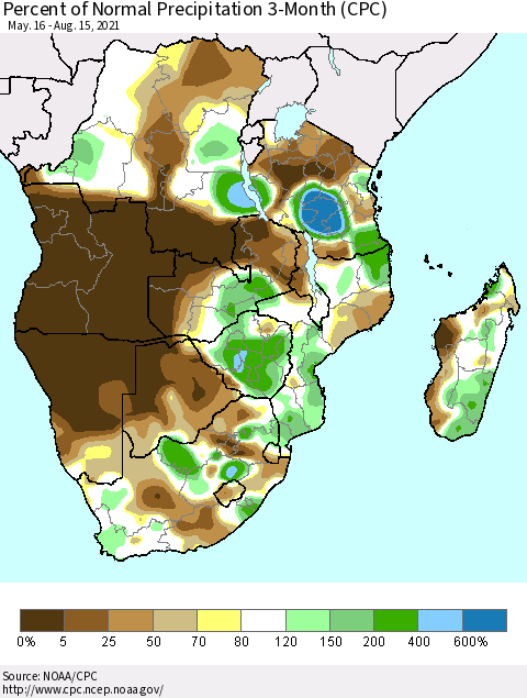 Southern Africa Percent of Normal Precipitation 3-Month (CPC) Thematic Map For 5/16/2021 - 8/15/2021