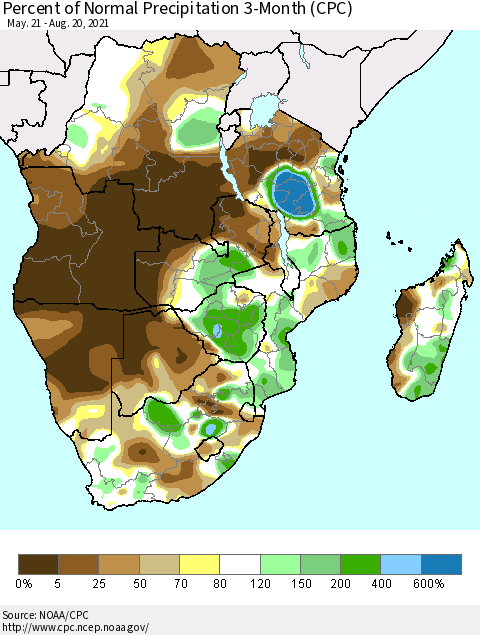 Southern Africa Percent of Normal Precipitation 3-Month (CPC) Thematic Map For 5/21/2021 - 8/20/2021