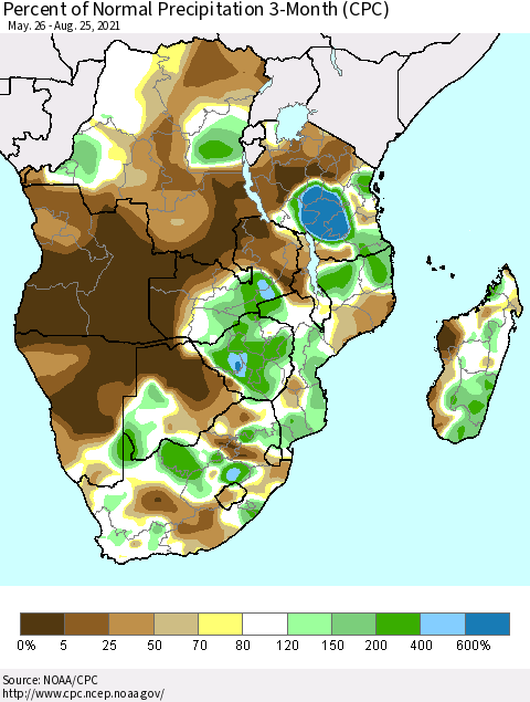Southern Africa Percent of Normal Precipitation 3-Month (CPC) Thematic Map For 5/26/2021 - 8/25/2021
