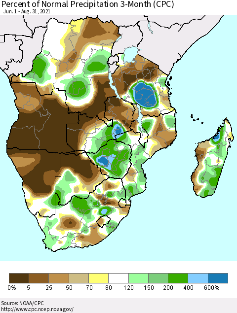 Southern Africa Percent of Normal Precipitation 3-Month (CPC) Thematic Map For 6/1/2021 - 8/31/2021
