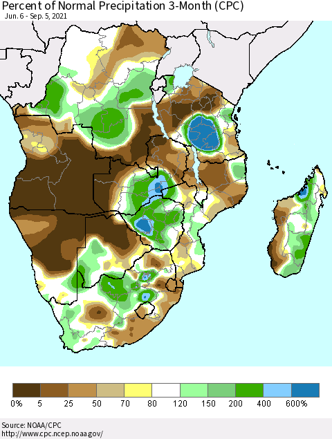 Southern Africa Percent of Normal Precipitation 3-Month (CPC) Thematic Map For 6/6/2021 - 9/5/2021