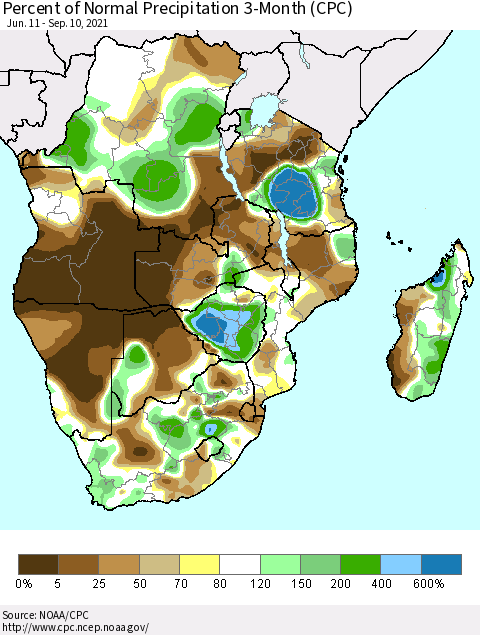 Southern Africa Percent of Normal Precipitation 3-Month (CPC) Thematic Map For 6/11/2021 - 9/10/2021