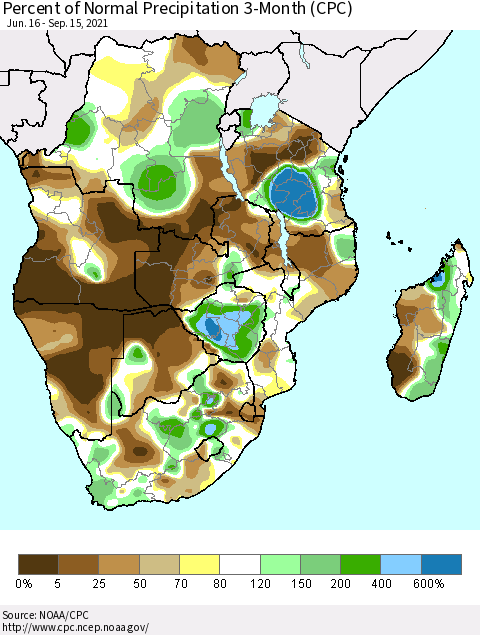 Southern Africa Percent of Normal Precipitation 3-Month (CPC) Thematic Map For 6/16/2021 - 9/15/2021