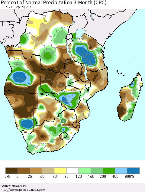 Southern Africa Percent of Normal Precipitation 3-Month (CPC) Thematic Map For 6/21/2021 - 9/20/2021