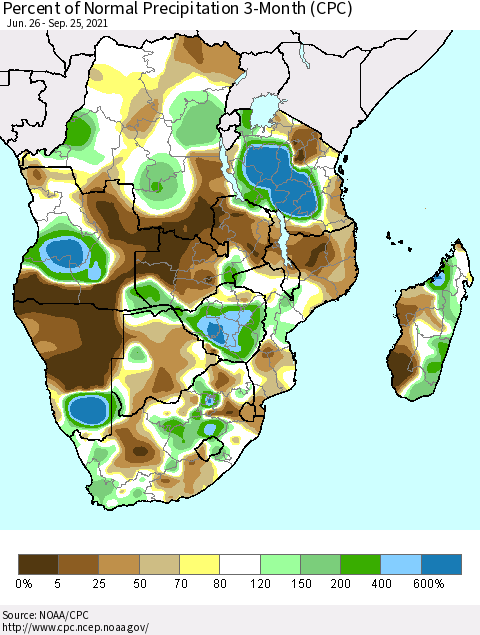 Southern Africa Percent of Normal Precipitation 3-Month (CPC) Thematic Map For 6/26/2021 - 9/25/2021