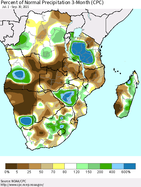 Southern Africa Percent of Normal Precipitation 3-Month (CPC) Thematic Map For 7/1/2021 - 9/30/2021