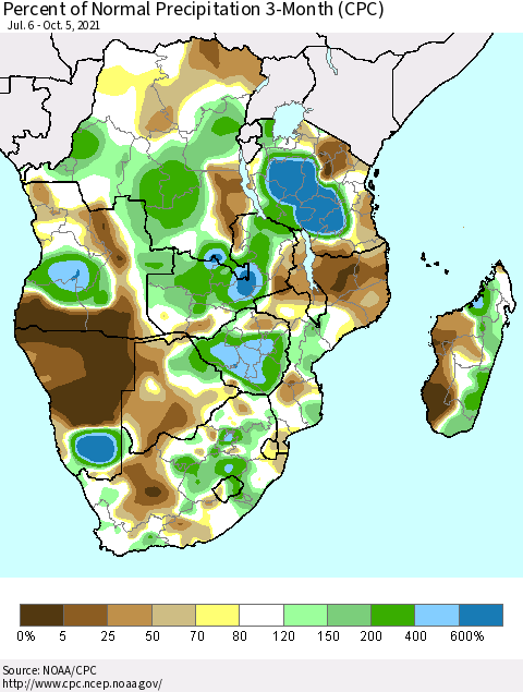 Southern Africa Percent of Normal Precipitation 3-Month (CPC) Thematic Map For 7/6/2021 - 10/5/2021