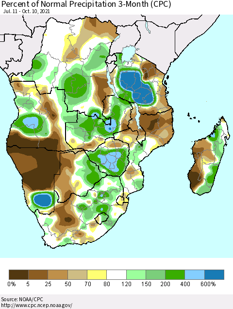 Southern Africa Percent of Normal Precipitation 3-Month (CPC) Thematic Map For 7/11/2021 - 10/10/2021