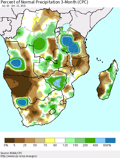 Southern Africa Percent of Normal Precipitation 3-Month (CPC) Thematic Map For 7/16/2021 - 10/15/2021