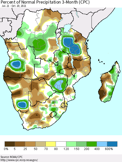 Southern Africa Percent of Normal Precipitation 3-Month (CPC) Thematic Map For 7/21/2021 - 10/20/2021