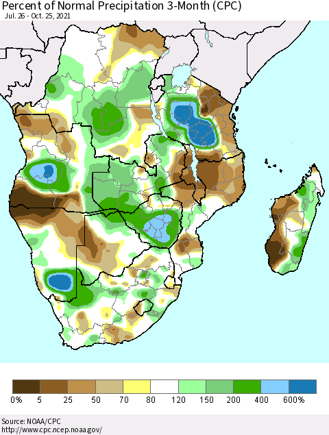 Southern Africa Percent of Normal Precipitation 3-Month (CPC) Thematic Map For 7/26/2021 - 10/25/2021