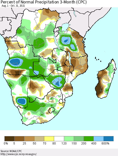 Southern Africa Percent of Normal Precipitation 3-Month (CPC) Thematic Map For 8/1/2021 - 10/31/2021