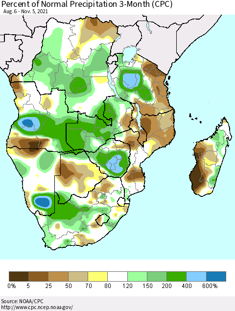 Southern Africa Percent of Normal Precipitation 3-Month (CPC) Thematic Map For 8/6/2021 - 11/5/2021