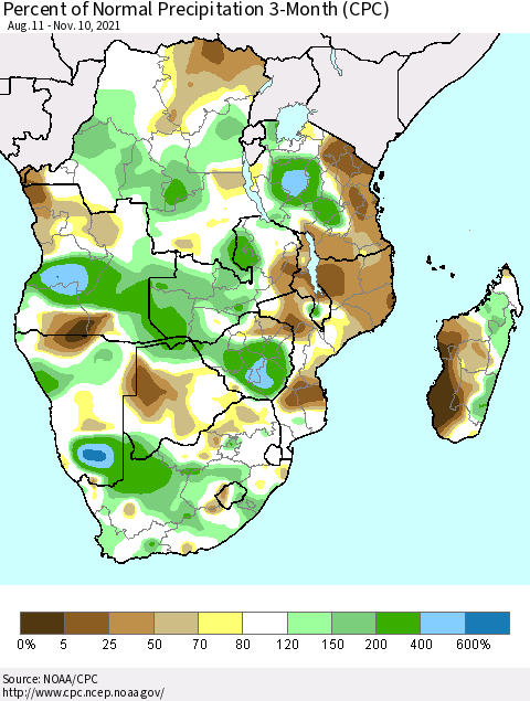 Southern Africa Percent of Normal Precipitation 3-Month (CPC) Thematic Map For 8/11/2021 - 11/10/2021