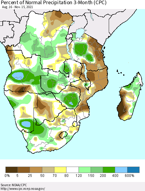Southern Africa Percent of Normal Precipitation 3-Month (CPC) Thematic Map For 8/16/2021 - 11/15/2021
