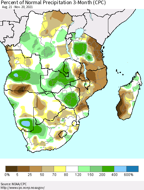 Southern Africa Percent of Normal Precipitation 3-Month (CPC) Thematic Map For 8/21/2021 - 11/20/2021