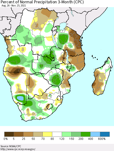 Southern Africa Percent of Normal Precipitation 3-Month (CPC) Thematic Map For 8/26/2021 - 11/25/2021