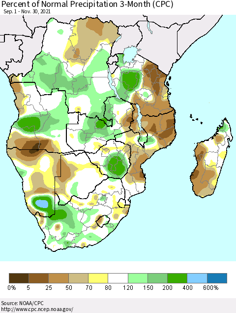 Southern Africa Percent of Normal Precipitation 3-Month (CPC) Thematic Map For 9/1/2021 - 11/30/2021