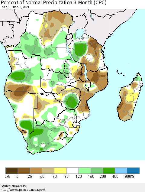 Southern Africa Percent of Normal Precipitation 3-Month (CPC) Thematic Map For 9/6/2021 - 12/5/2021