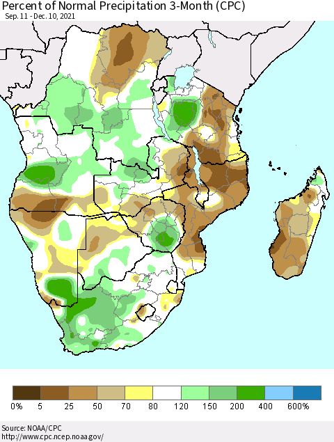 Southern Africa Percent of Normal Precipitation 3-Month (CPC) Thematic Map For 9/11/2021 - 12/10/2021