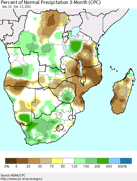 Southern Africa Percent of Normal Precipitation 3-Month (CPC) Thematic Map For 9/16/2021 - 12/15/2021