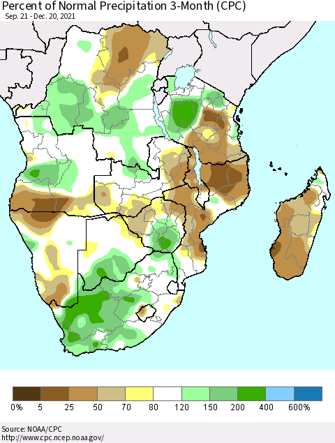 Southern Africa Percent of Normal Precipitation 3-Month (CPC) Thematic Map For 9/21/2021 - 12/20/2021