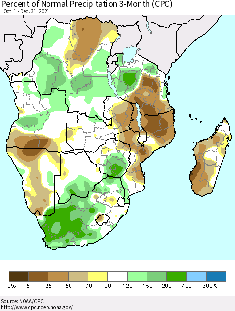 Southern Africa Percent of Normal Precipitation 3-Month (CPC) Thematic Map For 10/1/2021 - 12/31/2021