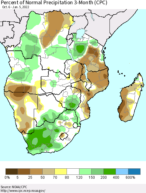 Southern Africa Percent of Normal Precipitation 3-Month (CPC) Thematic Map For 10/6/2021 - 1/5/2022