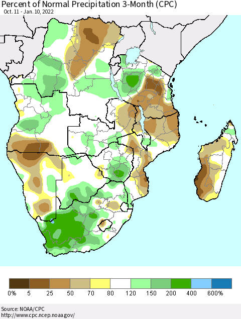 Southern Africa Percent of Normal Precipitation 3-Month (CPC) Thematic Map For 10/11/2021 - 1/10/2022