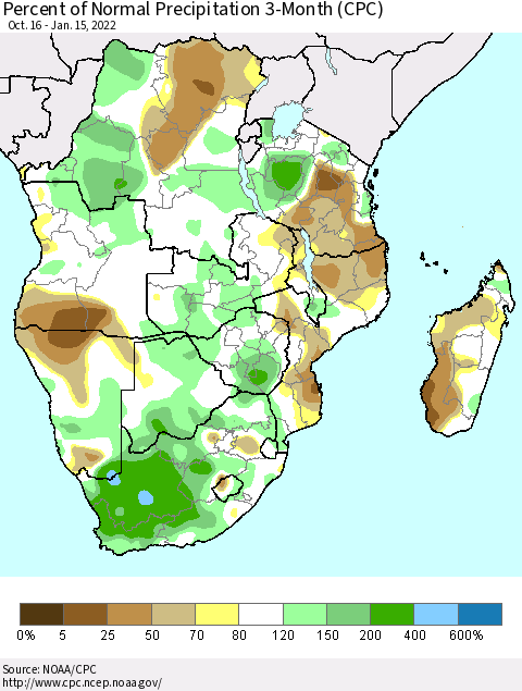 Southern Africa Percent of Normal Precipitation 3-Month (CPC) Thematic Map For 10/16/2021 - 1/15/2022