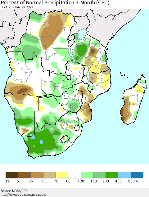 Southern Africa Percent of Normal Precipitation 3-Month (CPC) Thematic Map For 10/21/2021 - 1/20/2022