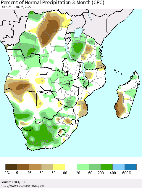 Southern Africa Percent of Normal Precipitation 3-Month (CPC) Thematic Map For 10/26/2021 - 1/25/2022