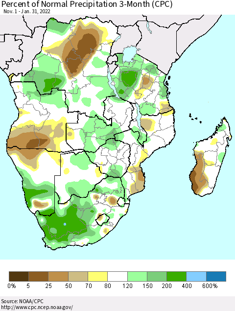 Southern Africa Percent of Normal Precipitation 3-Month (CPC) Thematic Map For 11/1/2021 - 1/31/2022