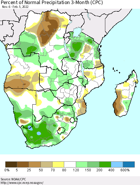 Southern Africa Percent of Normal Precipitation 3-Month (CPC) Thematic Map For 11/6/2021 - 2/5/2022