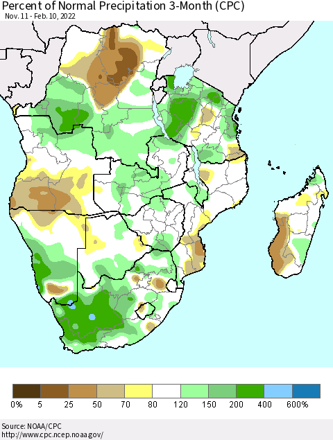 Southern Africa Percent of Normal Precipitation 3-Month (CPC) Thematic Map For 11/11/2021 - 2/10/2022