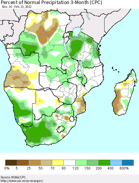 Southern Africa Percent of Normal Precipitation 3-Month (CPC) Thematic Map For 11/16/2021 - 2/15/2022