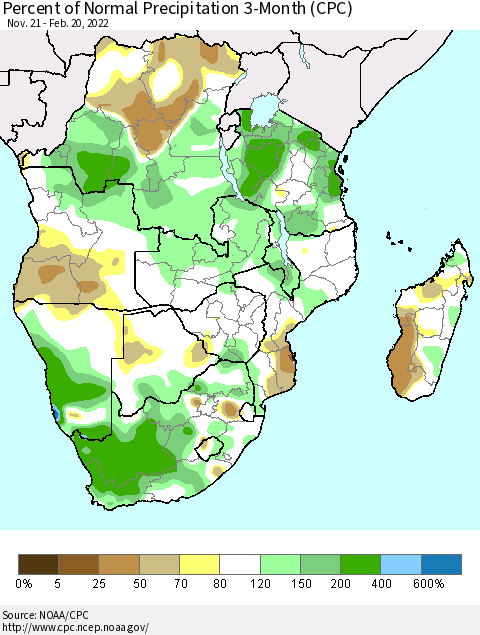 Southern Africa Percent of Normal Precipitation 3-Month (CPC) Thematic Map For 11/21/2021 - 2/20/2022