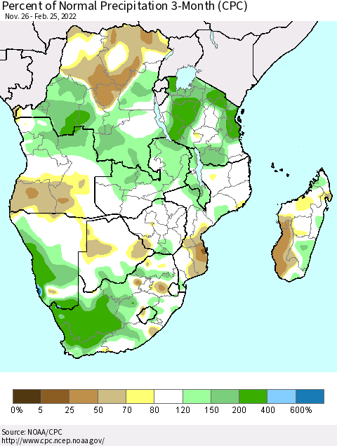 Southern Africa Percent of Normal Precipitation 3-Month (CPC) Thematic Map For 11/26/2021 - 2/25/2022