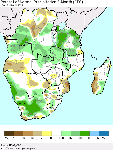 Southern Africa Percent of Normal Precipitation 3-Month (CPC) Thematic Map For 12/6/2021 - 3/5/2022