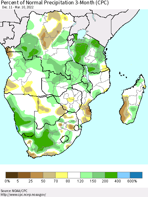 Southern Africa Percent of Normal Precipitation 3-Month (CPC) Thematic Map For 12/11/2021 - 3/10/2022