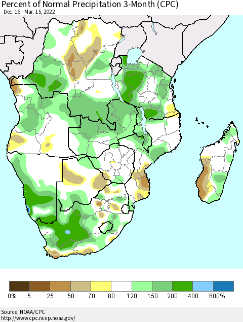 Southern Africa Percent of Normal Precipitation 3-Month (CPC) Thematic Map For 12/16/2021 - 3/15/2022