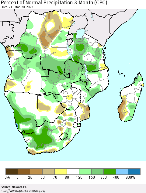 Southern Africa Percent of Normal Precipitation 3-Month (CPC) Thematic Map For 12/21/2021 - 3/20/2022