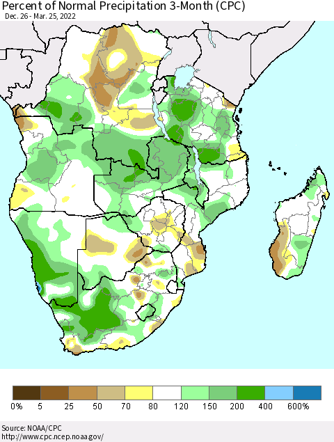 Southern Africa Percent of Normal Precipitation 3-Month (CPC) Thematic Map For 12/26/2021 - 3/25/2022