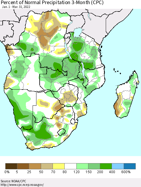 Southern Africa Percent of Normal Precipitation 3-Month (CPC) Thematic Map For 1/1/2022 - 3/31/2022