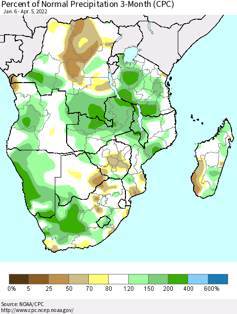 Southern Africa Percent of Normal Precipitation 3-Month (CPC) Thematic Map For 1/6/2022 - 4/5/2022