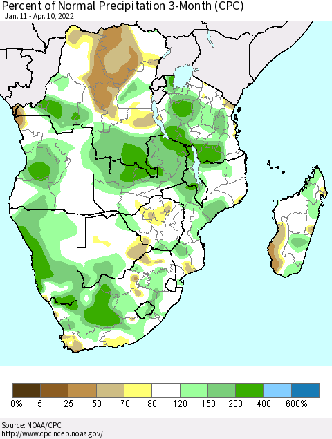 Southern Africa Percent of Normal Precipitation 3-Month (CPC) Thematic Map For 1/11/2022 - 4/10/2022