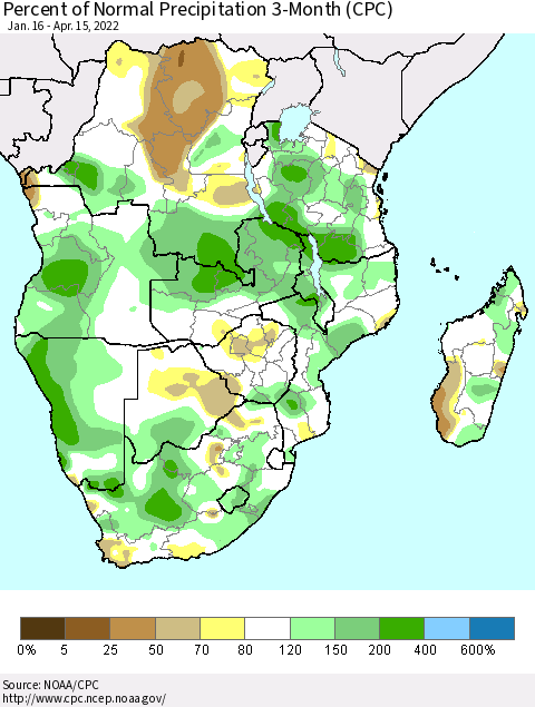Southern Africa Percent of Normal Precipitation 3-Month (CPC) Thematic Map For 1/16/2022 - 4/15/2022