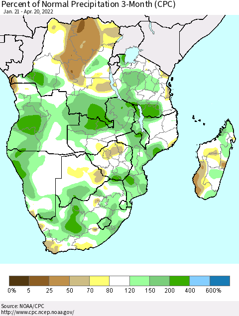 Southern Africa Percent of Normal Precipitation 3-Month (CPC) Thematic Map For 1/21/2022 - 4/20/2022